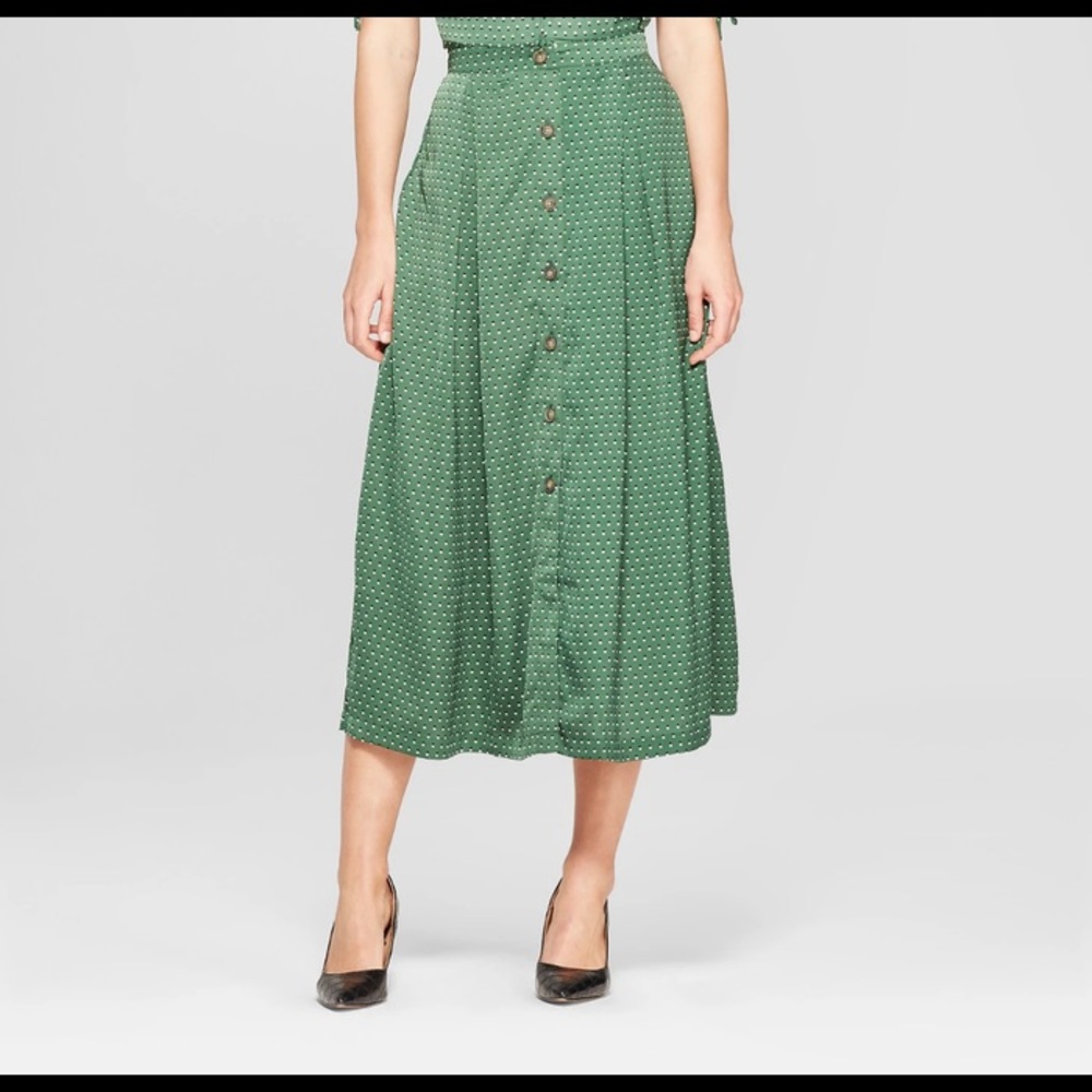 Who What Wear Green Polka dot Midi Skirt